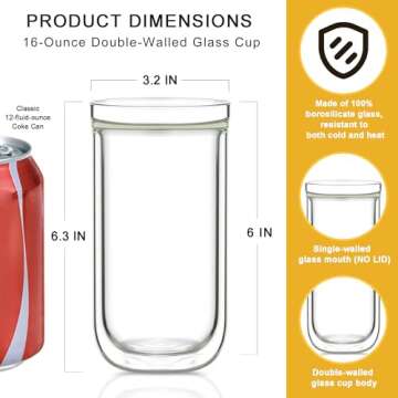 Aquach Double Wall Glass Cup 16oz 2pcs, Clear Insulated Coffee Drinking Glasses, Single Wall Mouth/Double Wall Body