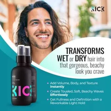 Kick Sea Salt Spray for Men - Beach Wave and Surfer Hair Style - Salt Water for Hair - Natural Textu...