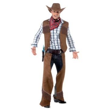 Smiffys Men's Fringe Cowboy Costume, Brown with Waistcoat, Chaps, Hat