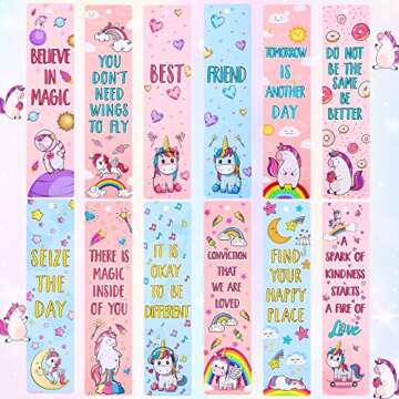 Outus 12 Pieces Unicorn and Rainbow Theme Bookmarks with 12 Pieces Metal Charms Inspirational Quotes...