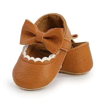 LAFEGEN Baby Girls Mary Jane Flats with Bownot Non Slip Soft Sole PU Leather Newborn Infant Toddler First Walker Cirb Dress Shoes, 6-12 Months Infant, 13 Brown