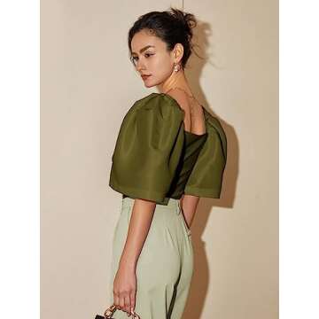 Floerns Women's Square Neck Puff Short Sleeve Elegant Blouse Crop Top Olive Green XS