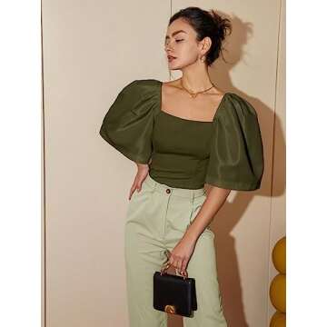 Floerns Women's Square Neck Puff Short Sleeve Elegant Blouse Crop Top Olive Green XS