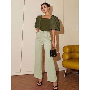 Floerns Women's Square Neck Puff Short Sleeve Elegant Blouse Crop Top Olive Green XS