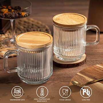 Combler Glass Coffee Mugs, Espresso Cups for Coffee Bar Accessories, Clear Coffee Mug Set of 2, 11oz Glass Coffee Cups with Lids and Spoon, Cute Ribbed Glassware Set for Latte, Cappuccino, Tea, Gift