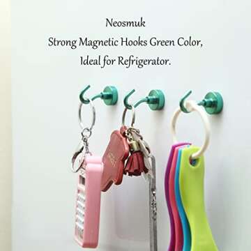Neosmuk Magnetic Hooks,30lb+ Heavy Duty Earth Magnets with Hook for Refrigerator, Extra Strong Cruise Hook for Hanging, Magnetic Hanger for Cabins, Grill (Green, Pack of 10)