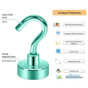 Neosmuk Magnetic Hooks,30lb+ Heavy Duty Earth Magnets with Hook for Refrigerator, Extra Strong Cruise Hook for Hanging, Magnetic Hanger for Cabins, Grill (Green, Pack of 10)