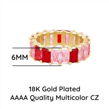 AFFY Eternity Rainbow Ring 18K Yellow Gold Plated Emerald-Cut Multi Color AAA Created-Gemstone Rainb...