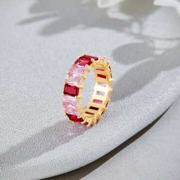 AFFY Eternity Rainbow Ring 18K Yellow Gold Plated Emerald-Cut Multi Color AAA Created-Gemstone Rainbow Ring, Stackable Ring, Wedding Band for Women Gift For Her (Ring 2, Size 7)