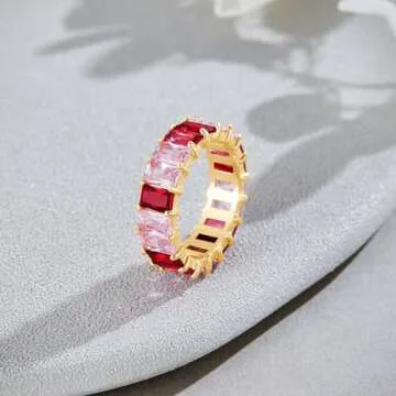 AFFY Eternity Rainbow Ring 18K Yellow Gold Plated Emerald-Cut Multi Color AAA Created-Gemstone Rainbow Ring, Stackable Ring, Wedding Band for Women Gift For Her (Ring 2, Size 7)