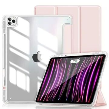 Hoidokly Case for iPad Pro 12.9 6th/5th/4th/3rd Generation (2022/2021/2020/2018), Thin Clear Shell Smart Trifold Stand 12.9 inch Protective Transparent Cover with Pencil Holder Auto Sleep/Wake, Pink