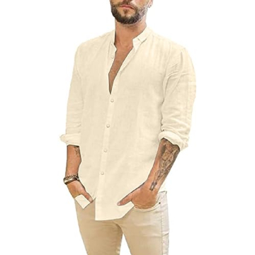 JEKAOYI Men's Cotton Linen Long Sleeve Casual Beach Shirt