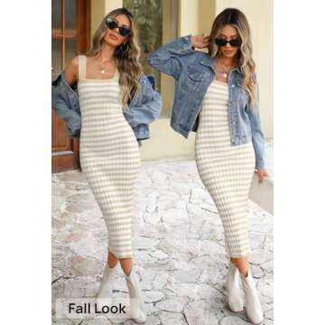 MEROKEETY Women's 2025 Spring Summer Striped Sweater Dress Casual Sleeveless Ribbed Knit Bodycon Midi Dresses, Apricot, M