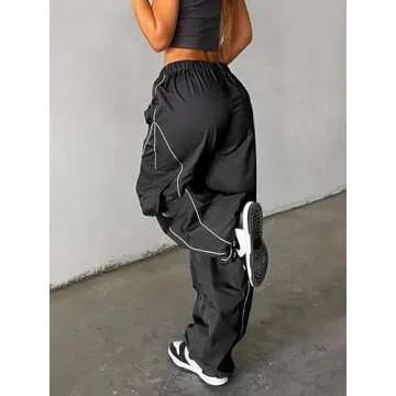 Xineicy Y2K Baggy Pants for Women Vintage Sweatpants Wide Leg Joggers Parachute Pants Hip Pop Cargo Pants F Black