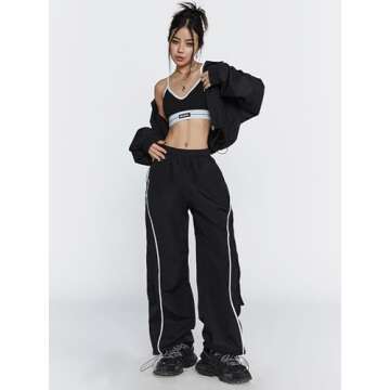 Xineicy Y2K Baggy Pants for Women Vintage Sweatpants Wide Leg Joggers Parachute Pants Hip Pop Cargo Pants F Black