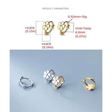 6mm Tiny Cute Flower Hoop Sterling Silver Mini Small Cartilage Hoop Earrings for Women Girls Teens Hypoallergenic Dainty White Enameled Daisy Flowers 18g Huggie Hoops (Gold-Tone)