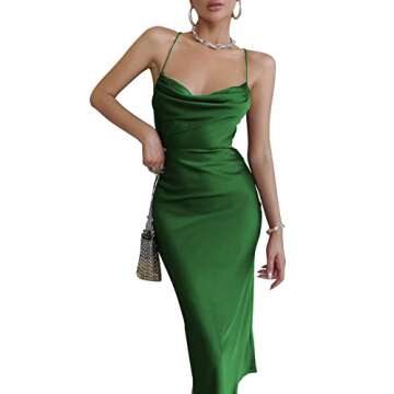 LYANER Women's Satin Cowl Neck Straps Slip Sexy Cut Out Cocktail Midi Dress Dark Green Small