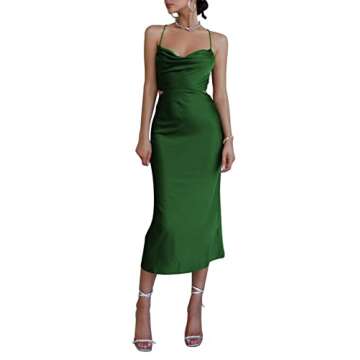 LYANER Women's Satin Cowl Neck Straps Slip Sexy Cut Out Cocktail Midi Dress Dark Green Small