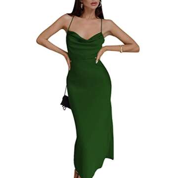 LYANER Women's Satin Cowl Neck Straps Slip Sexy Cut Out Cocktail Midi Dress Dark Green Small