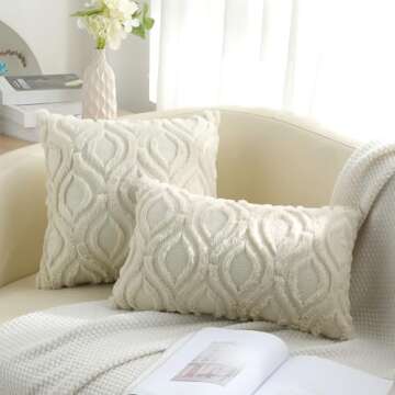 decorUhome Throw Pillow Covers 12x20 Inch Set of 2, Soft Plush Faux Wool Beige Couch Pillow Covers, ...