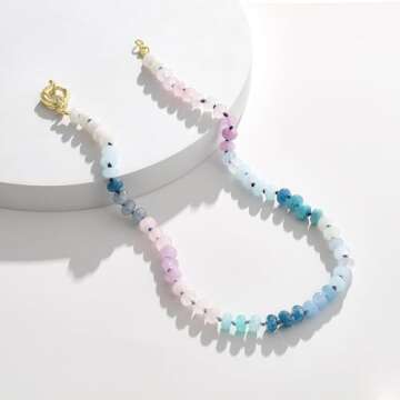 KissYan Beaded Gemstone Necklace for Women, Colorful Boho Bead Choker Natural Stone Surfer Beach Necklaces 14K Gold Plated Summer Handmade Jewelry(J03)