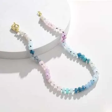 KissYan Beaded Gemstone Necklace for Women, Colorful Boho Bead Choker Natural Stone Surfer Beach Necklaces 14K Gold Plated Summer Handmade Jewelry(J03)