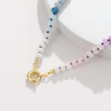 KissYan Beaded Gemstone Necklace for Women, Colorful Boho Bead Choker Natural Stone Surfer Beach Necklaces 14K Gold Plated Summer Handmade Jewelry(J03)