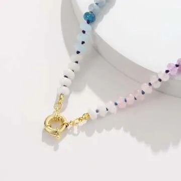 KissYan Beaded Gemstone Necklace for Women, Colorful Boho Bead Choker Natural Stone Surfer Beach Necklaces 14K Gold Plated Summer Handmade Jewelry(J03)