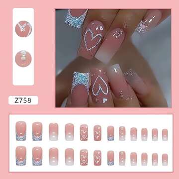 SINSEN Square Press on Nails Medium Length - French Tip Press on Nails Heart Deign, Glossy Pink Fake...