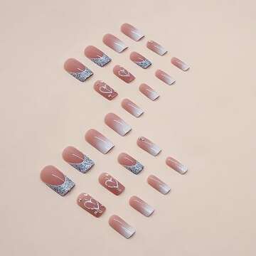 SINSEN Square Press on Nails Medium Length - French Tip Press on Nails Heart Deign, Glossy Pink Fake Nails with Adhesive Glue Stickers, Reusable Stick on Nails in 12 Sizes, 24 Pcs Medium French Nails