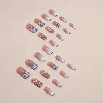 SINSEN Square Press on Nails Medium Length - French Tip Press on Nails Heart Deign, Glossy Pink Fake Nails with Adhesive Glue Stickers, Reusable Stick on Nails in 12 Sizes, 24 Pcs Medium French Nails