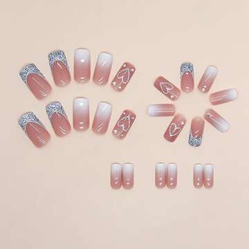 SINSEN Square Press on Nails Medium Length - French Tip Press on Nails Heart Deign, Glossy Pink Fake Nails with Adhesive Glue Stickers, Reusable Stick on Nails in 12 Sizes, 24 Pcs Medium French Nails