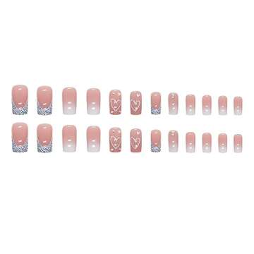 SINSEN Square Press on Nails Medium Length - French Tip Press on Nails Heart Deign, Glossy Pink Fake Nails with Adhesive Glue Stickers, Reusable Stick on Nails in 12 Sizes, 24 Pcs Medium French Nails