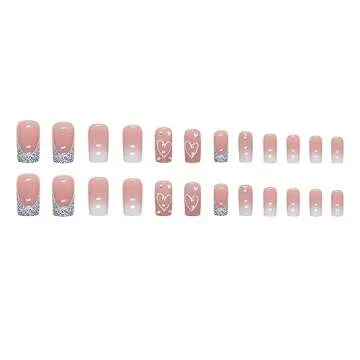 SINSEN Square Press on Nails Medium Length - French Tip Press on Nails Heart Deign, Glossy Pink Fake Nails with Adhesive Glue Stickers, Reusable Stick on Nails in 12 Sizes, 24 Pcs Medium French Nails