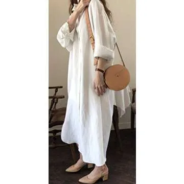 GGUHHU Womens Chic Button Down Rolled-Up Sleeve Long Cotton Blouse Maxi Dress (Medium, White)