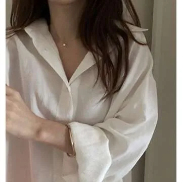 GGUHHU Womens Chic Button Down Rolled-Up Sleeve Long Cotton Blouse Maxi Dress (Medium, White)