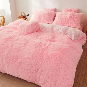 Fluffy Pink Faux Fur Comforter Cover Set - Ultra Soft Plush