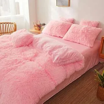 Fluffy Pink Faux Fur Comforter Cover Set - Ultra Soft Plush
