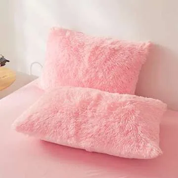 Fluffy Pink Faux Fur Comforter Cover Set - Ultra Soft Plush