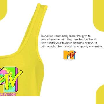 MTV Logo Tank Bodysuit for Women - Sleeveless Vintage-Inspired 80s 90s Festival Wear - Classic Music Television Bodysuit (Yellow, X-Large)