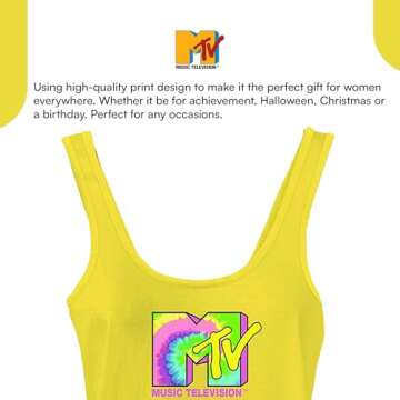MTV Logo Tank Bodysuit for Women - Sleeveless Vintage-Inspired 80s 90s Festival Wear - Classic Music Television Bodysuit (Yellow, X-Large)