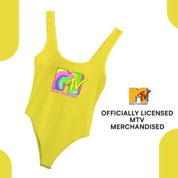 MTV Logo Tank Bodysuit for Women - Sleeveless Vintage-Inspired 80s 90s Festival Wear - Classic Music Television Bodysuit (Yellow, X-Large)