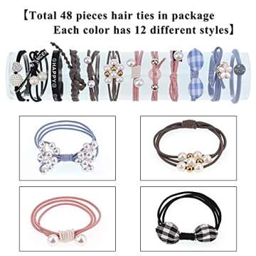 48 Pieces Lucky Bowknot Hair Ties Fashion Pearls Hair Scrunchies Cute High Elasticity Ponytail Holde...