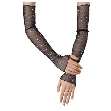SHENHE Women's Sheer Lace Tulle Gloves Fingerless Elbow Length Arm Sleeves Mittens Rhinestone Black one-size