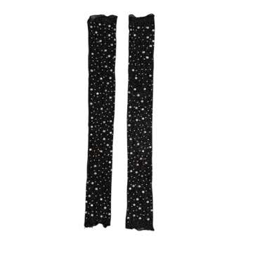 SHENHE Women's Sheer Lace Tulle Gloves Fingerless Elbow Length Arm Sleeves Mittens Rhinestone Black one-size