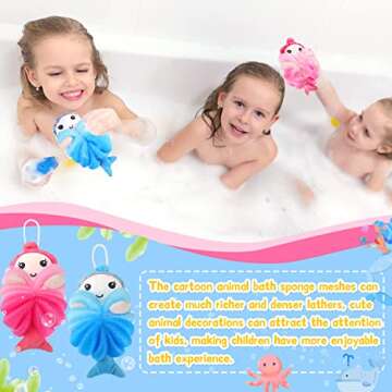 2 Pcs Bath Loofahs Kids Toddler Body Loofahs Cute Cartoon Kids Loofah Kid Bath Sponges Loofah Bath Pouf Body Scrubber Mesh Loofah Sponges for Children Shower Washing Exfoliating (Mermaid)
