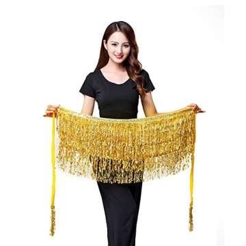 Belly Dance Hip Scarf Sequin Tassel Skirt Performance Outfits Sparkly Fringe Wrap Halloween Costume Party Rave Festival for Women and Girls, Gold