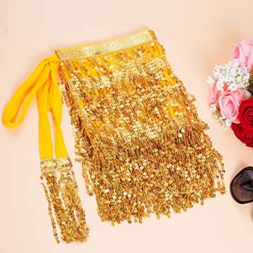 Belly Dance Hip Scarf Sequin Tassel Skirt Performance Outfits Sparkly Fringe Wrap Halloween Costume Party Rave Festival for Women and Girls, Gold