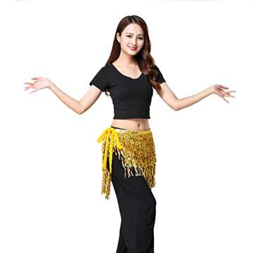 Belly Dance Hip Scarf Sequin Tassel Skirt Performance Outfits Sparkly Fringe Wrap Halloween Costume Party Rave Festival for Women and Girls, Gold