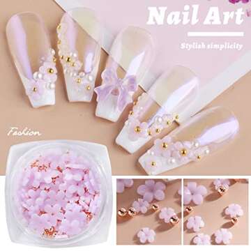 6 Box 3D Flower Nail Art Charms, Acrylic Flowers Nail Rhinestone with Gold & Silver Beads Ornaments ...